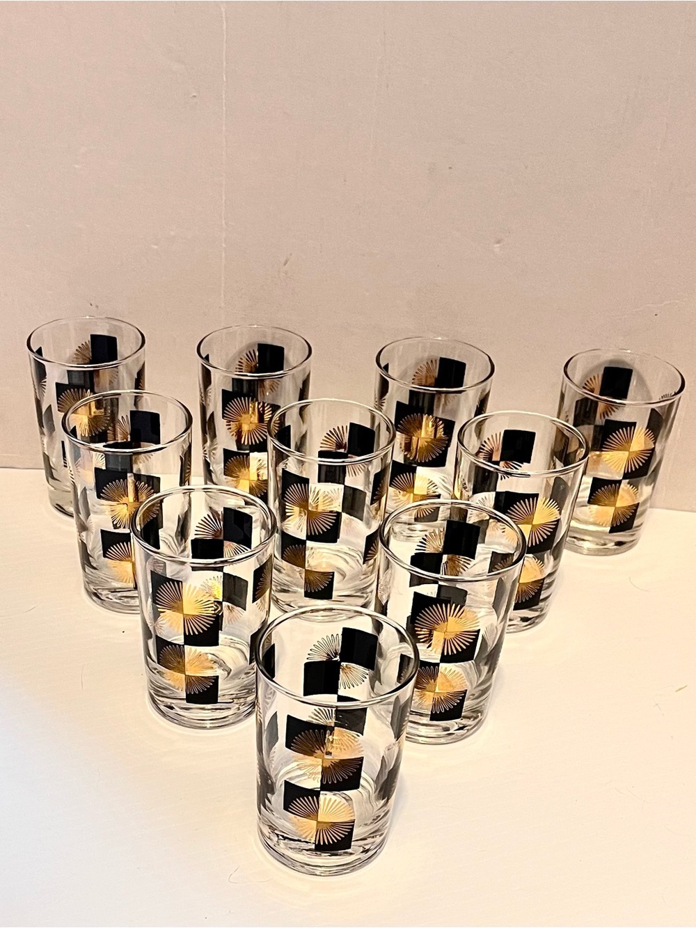Anchor Hocking Gold and Black Atomic Starburst Juice/lowball Glasses - Set of 10